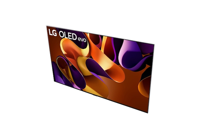 Vista frontale con TV LG OLED evo AI, OLED G4, 11 anni di emblema OLED n. 1 al mondo, logo webOS Re:New Program e logo della garanzia di 5 anni sullo schermo